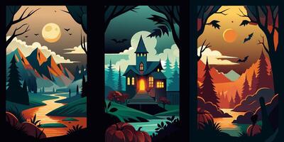 A set of three illustrations featuring a spooky house in the forest vector