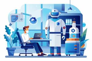 A man sitting at a desk with a laptop, next to him stands a robot vector