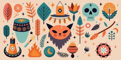 Whimsical Autumnal Folklore Boho Icons set with colorful elements inspired by nature and traditions vector