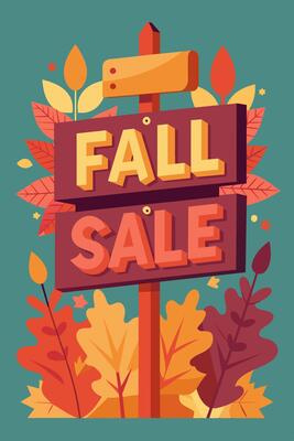 A fall sale sign with leaves and branches on a beige background