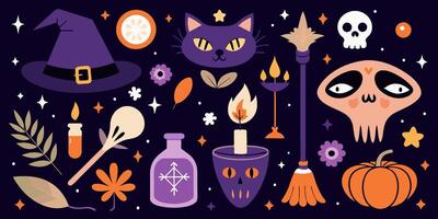 A set of halloween icons displayed on a dark background vector