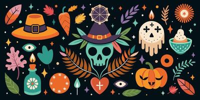 A collection of Halloween icons displayed against a dark backdrop vector