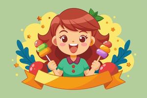 A woman is smiling as she holds two skewers of food in her hands vector