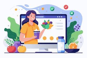 A woman holds fruit in front of a computer screen vector