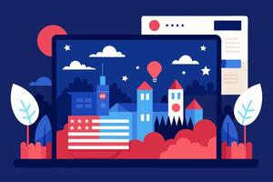 On the laptop computer screen, theres an image of a city vector
