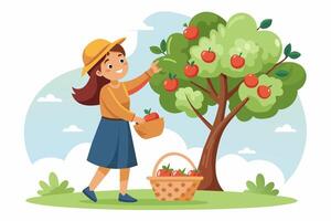A girl picking ripe apples from an apple tree in a cartoonish nature scene vector