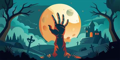A zombie hand emerges from the ground in front of a full moon vector