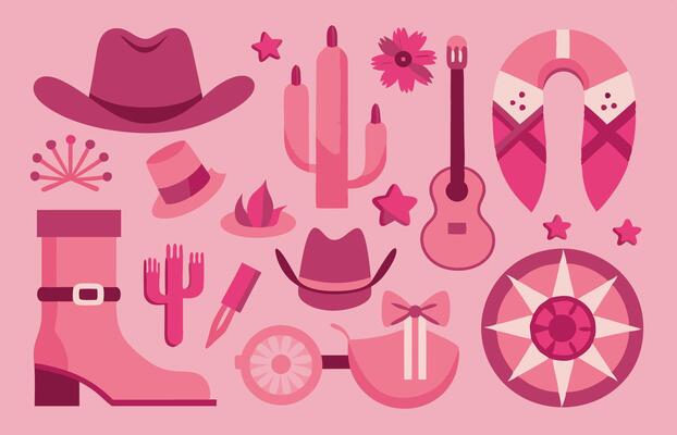 A collection of pink cowboy icons displayed against a pink background