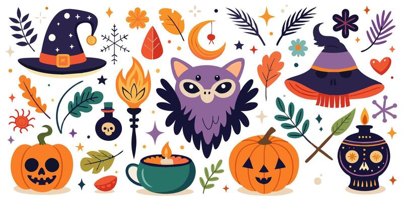 A set of halloween icons displayed on a white background
