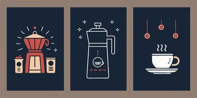 There are three posters featuring coffeerelated icons included in this set vector
