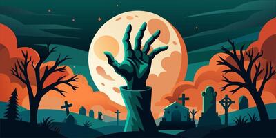 In a cemetery, a zombie hand emerges from the ground in a spooky scene vector