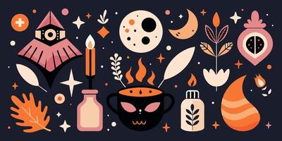 A variety of witchcraft symbols displayed against a dark backdrop vector