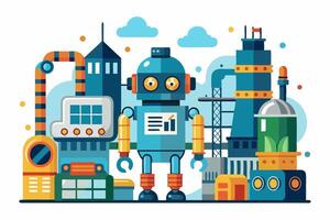 A robot standing in front of a factory in a cartoon illustration vector