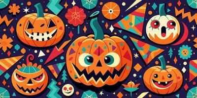 Halloween pumpkins with faces on a dark background, forming a pattern vector