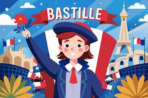 A girl in a suit and tie holds flowers in front of the Eiffel Tower vector