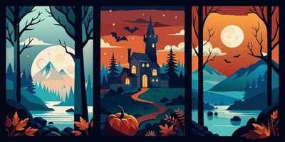 There are three paintings of a spooky castle surrounded by trees in a forest vector