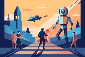 A group of people are gathered on a street, facing a robot vector