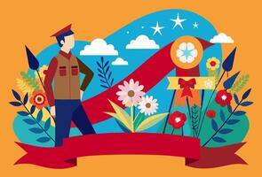 A man is standing in front of flowers and a ribbon in an illustration vector