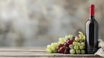 Red Wine Bottle Beside Green and Red Grapes on Rustic Wooden Table photo