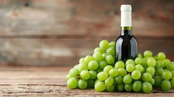 Red Wine Bottle Beside Green and Red Grapes on Rustic Wooden Table photo