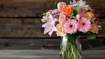 Colorful Fresh Flowers in Mason Jar on Wooden Table With Blue Backdrop photo