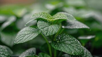 Lush Green Leaves With Dew Drops in a Serene Indoor Garden Setting photo