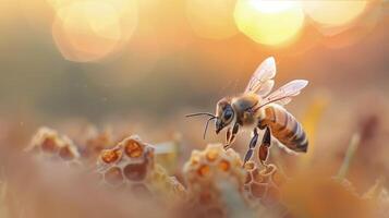 Honeybee Collecting Nectar at Sunset in a Flowering Field photo