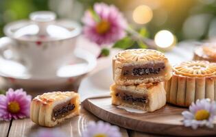 Mooncakes on a Wooden Board With Tea and Soft Lights in a Cozy Setting photo