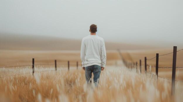 Man Walking Along a Fenced Field in a Misty Landscape photo