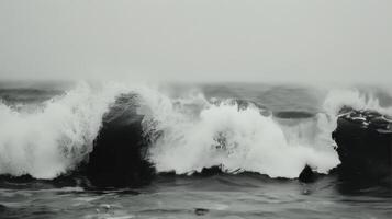 Powerful Waves Crash Against Rocky Shoreline During Stormy Weather photo