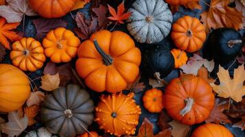 Colorful Variety of Pumpkins and Leaves on Ground in Autumn photo