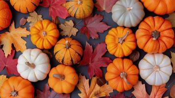 Colorful Variety of Pumpkins and Leaves on Ground in Autumn photo