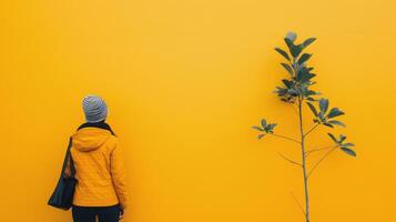 Hand Holding Small Green Plant in Yellow Pot Against Bright Yellow Background photo