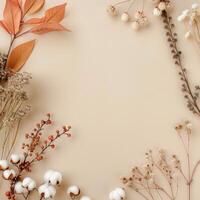 Autumn Leaves and Cotton Branches Arranged on Beige Background for Seasonal Decor photo
