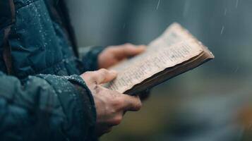 Holding an Aged Book in Warm Light at a Coastal Location photo