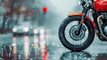 Vintage Motorcycle Parked on a Rainy Street in Urban Setting photo