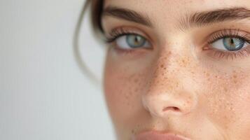 Close-Up of Model With Freckles and Blue Eyes Against Neutral Background photo