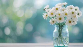 White Hydrangeas in a Clear Vase on a Soft Blue Surface With Natural Light photo