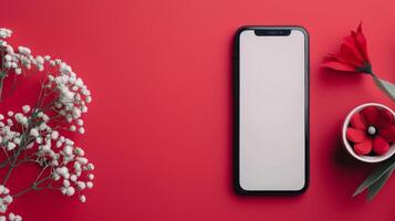 Red Smartphone Against Gradient Background in Soft Lighting photo