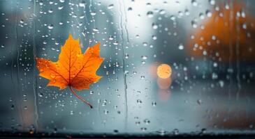 Autumn Leaf Clinging to Rainy Window in Urban Setting on a Gloomy Day photo
