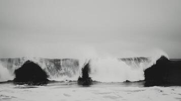 Powerful Waves Crash Against Rocky Shoreline During Stormy Weather photo