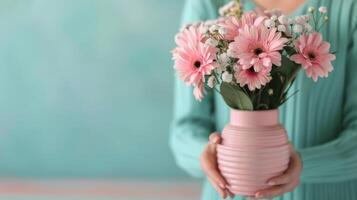 Person Holding Pink Gerbera Daisies in a Pastel Pink Vase Against a Soft Blue Background photo