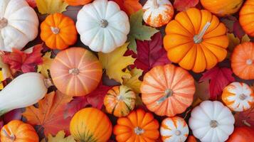 Colorful Fall Pumpkins and Leaves Displayed Together on a Dark Surface photo