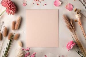 Floral Arrangement With Blank Paper Surrounded By Colorful Petals photo