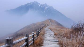 Sunrise Over Mountain Trail With Wooden Pathway in Autumn photo