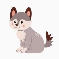 Flat style illustration of a cute wolf cub sitting calmly Perfect for children designs, greeting cards, and digital projects Warm, friendly character suitable for various creative uses vector