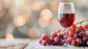 Elegant Red Wine Glass Beside Fresh Grapes in Cozy Setting photo