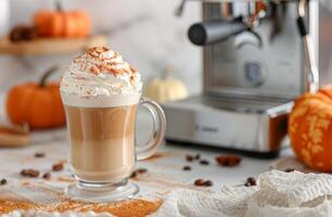 Warm Pumpkin Spice Latte With Whipped Cream And Spices In Cozy Autumn Setting photo