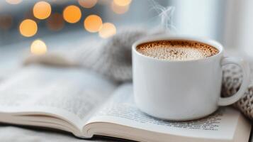 Cozy Coffee Moment With Book on a Soft Knit Blanket photo