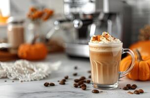 Warm Pumpkin Spice Latte With Whipped Cream And Spices In Cozy Autumn Setting photo